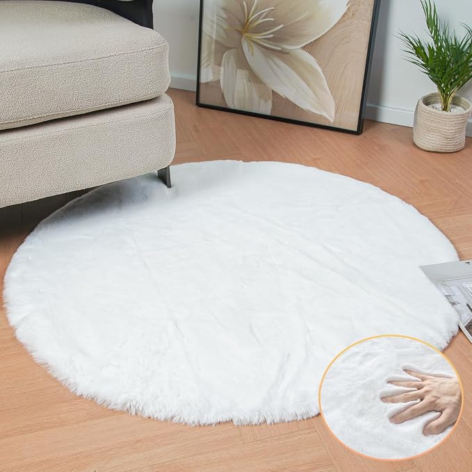 ORINOVA White Faux Fur Round Rug 4ft Fluffy Rabbit Fur Rug Machine Washable by ORINOVA