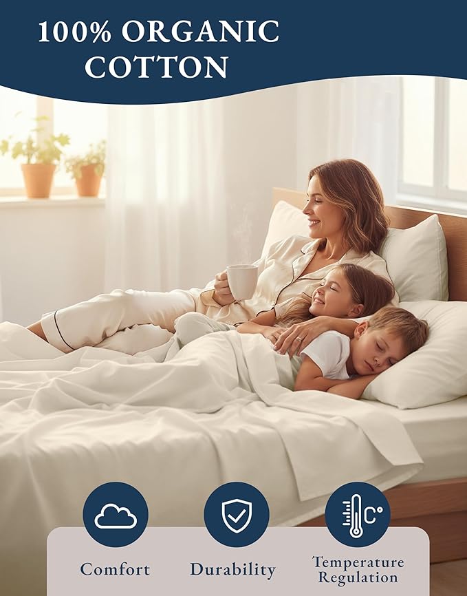 LANE LINEN 100% Organic Cotton Sheets King Size - 4 Pc Bed Sheets King Size, Soft & Breathable Cotton Sheets Set, Percale Sheet & Pillowcase Sets, deep Pocket Sheets Set - Natural