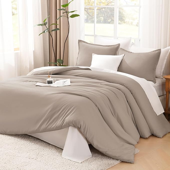 Litanika Light Coffee Comforter Set Queen Size, 3 Pieces Lightweight Solid Bedding Comforter Set, All Season Fluffy Bed Set (90x90In Comforter & 2 Pillowcases)