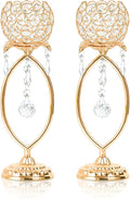 2 Pcs Gold Elegant Metal Crystal Tea Light Candle Holders with Bling Crystal Pendants, Hollow Design - Wedding Table Centerpieces for Anniversary Birthday Party, Home Decor