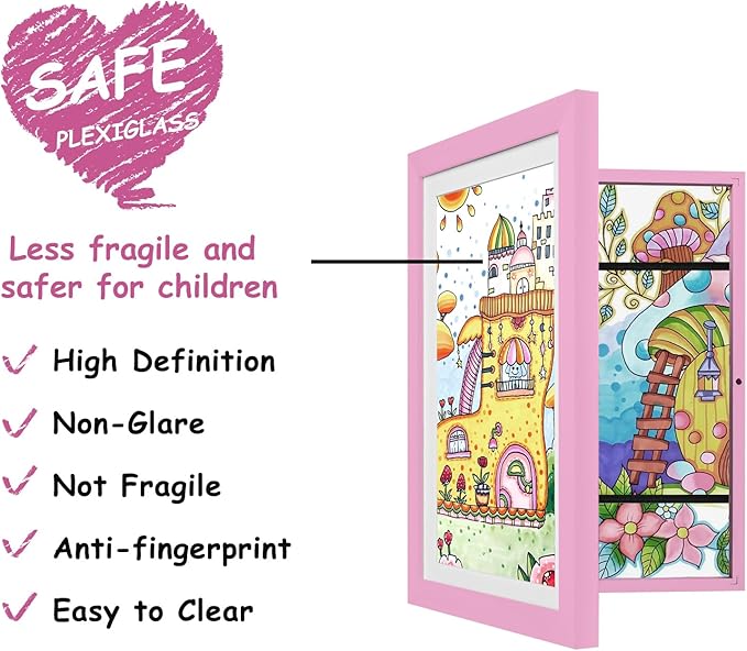 KINLINK 8.5x11 Kids Art Frames Set of 2, Solid Wood Kids Artwork Frames Changeable with Acrylic Front Opening Holds 150 Pictures, Art Frame for Kids Artwork with Mat or without Mat, Pink