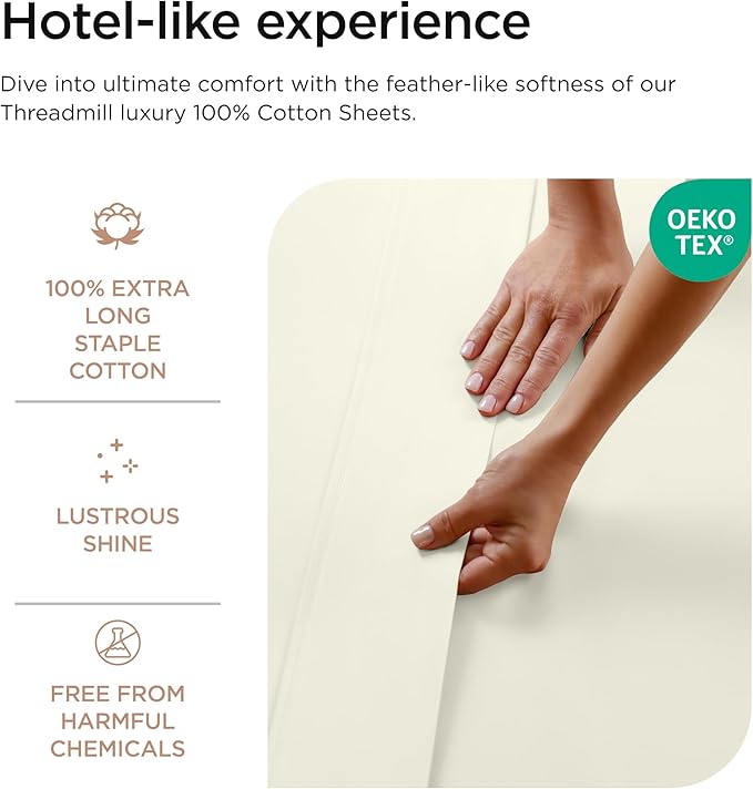 Threadmill Luxury 800 Thread Count King 100% Cotton Sheets - Ivory Sateen Weave Bed-Sheets, Better Than Egyptian Cotton, 4 Pc Solid Soft Bed Set, Fits 16" Deep Pocket