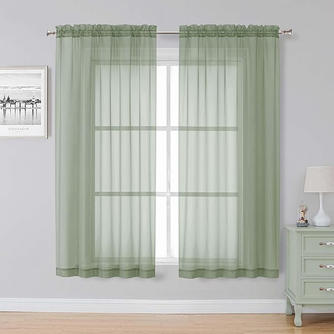 Simplebrand Sage Green Sheer Curtains, 2 Panels Set by Simplebrand