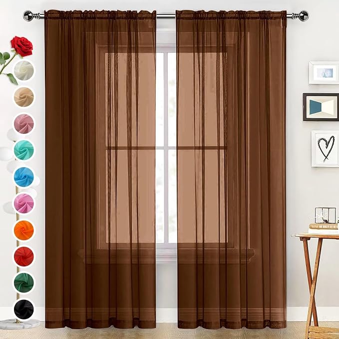 SpaceDresser Basic Rod Pocket Sheer Voile Window Curtain Panels Brown 1 Pair 2 by SpaceDresser