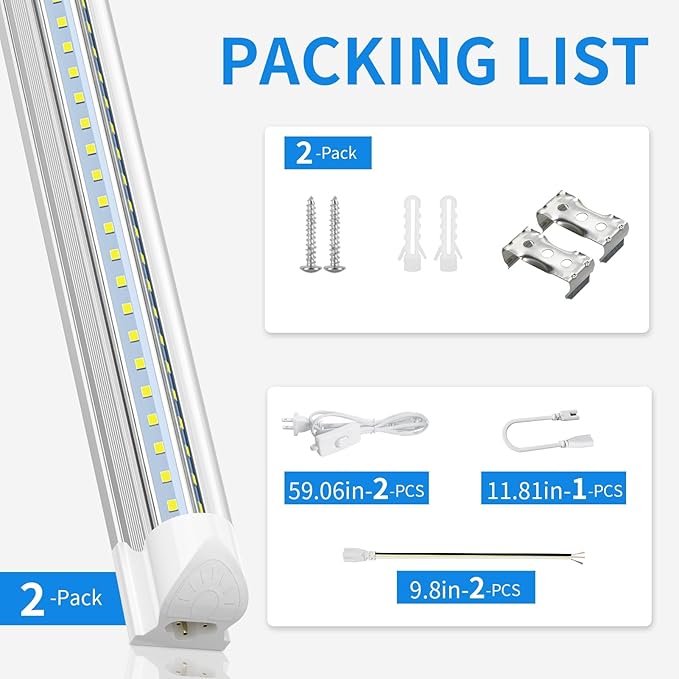 CNSUNWAY 2FT LED Shop Light, 20W 3000LM, 5000K Daylight T8 LED Light Fixture, V Shape, High Output, Linkable Shop Lights for Room, Garage, Workshop, Under Cabinet, ETL Listed (2 Pack)