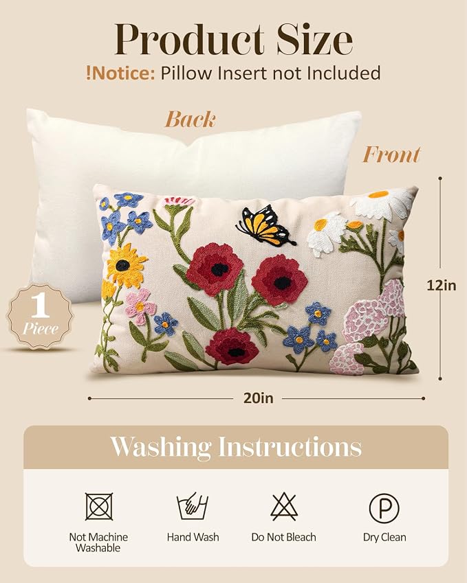 Embroidered Lumbar Pillow Cover 20x12 Inch, Retro Flower | Decorative Throw - Image 4