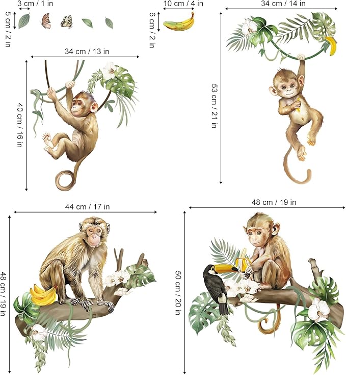 decalmile Wild Monkey Climbing Tree Wall Decals Jungle Animals Vine Leaves Wall Stickers Baby Nursery Kids Room Living Room Wall Decor