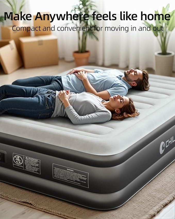 CHILLSUN 2025 Upgraded Queen Air Mattress with Built in Pump, 3 Mins Quick Self-Inflation Blow Up Mattress, 18" Luxury Flocked Top Inflatable Mattress, Airbed for Camping Guests and Home
