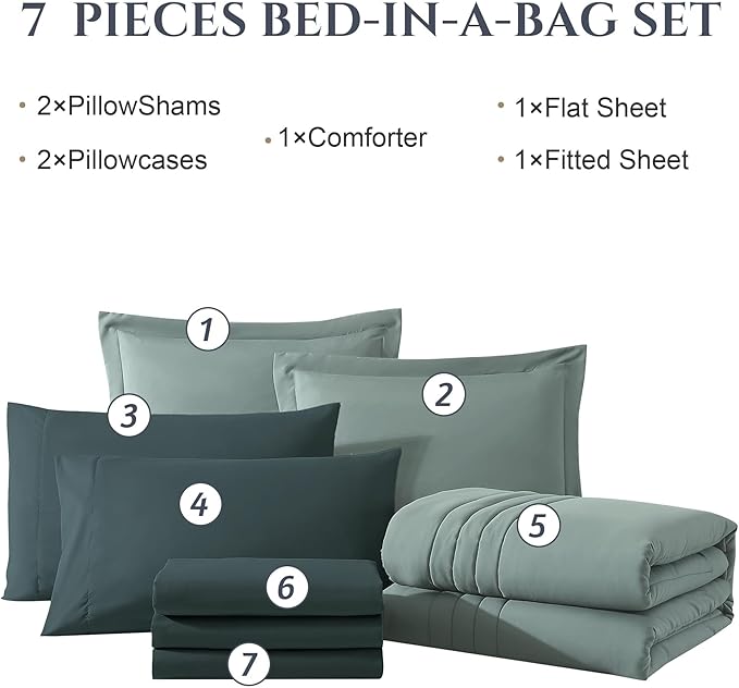 Monbix California King Size Comforter Set - 7 Pieces Bed in a Bag California King, Sage Green Bedding Sets, All Seasons Down Alternative Comforter Bed Set with Sheets, Pillowcases & Shams
