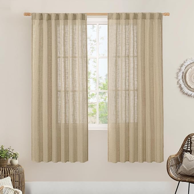 Brown Linen Boho Curtains 68 inch Length 2 Panels, 52 x 68 Inch | Light by LAMIT
