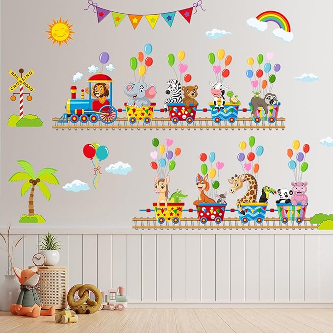 Jungle Animal Wall Stickers Forest Safari Wall Decals Kid Room Nursery Baby Bedroom Décor (Animal Train Balloon)