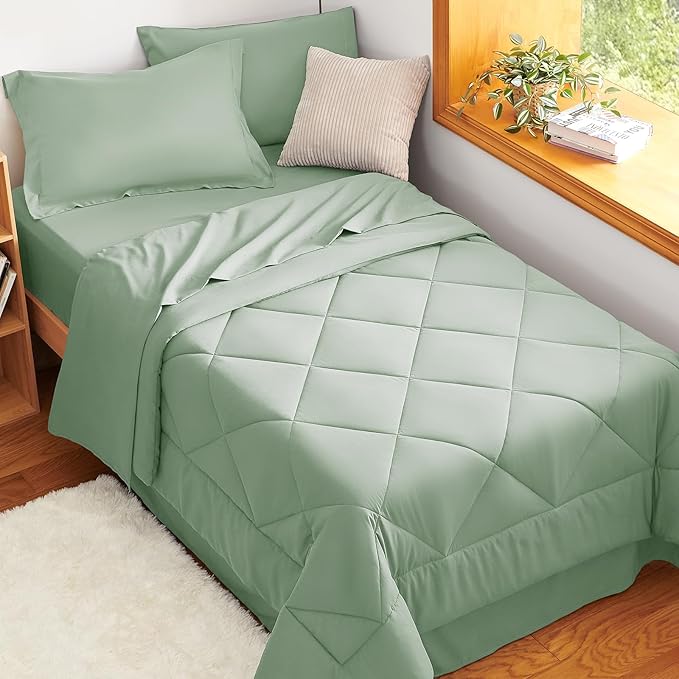 CozyLux Twin Comforter Set with Sheets Sage Green - 5 Pieces Bed in a Bag Twin, All Season Bed Set for Girls and Boys, Bedding Set with Down Alternative Comforter, Sheets, Pillowcase & Sham