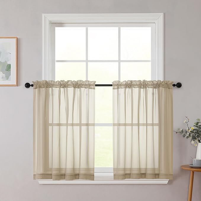 Taupe Kitchen Curtains 30 Inch Length Tier 2 PCS, Solid Soft Airy Half Curtains by WelvetBLK