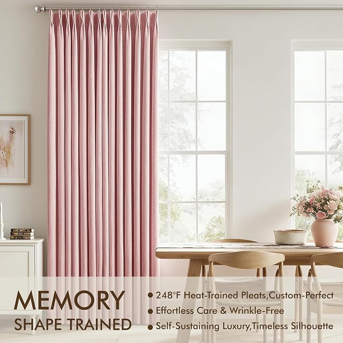 MIULEE Pink Pinch Pleated 100% Blackout Linen Curtains 40x84 Inches | Room - Image 3