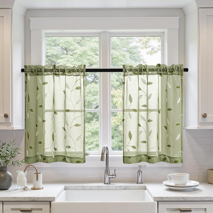MIULEE Sage Green Sheer 30x36 Inches 2 Panels Embroidered Leaf Patterned | by MIULEE