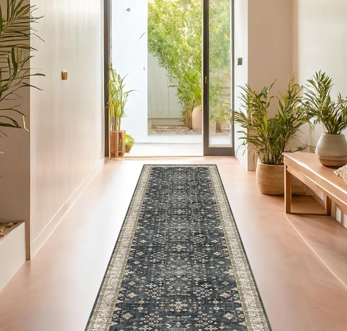 Black Boho Washable 3x16 Extra Long Runner Rug by HazoHaus