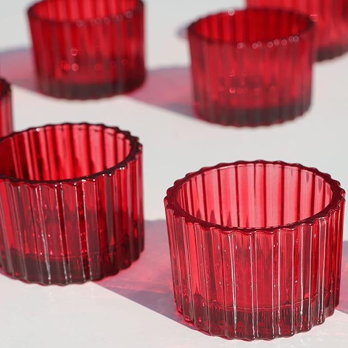 VOHO Red Candle Holders for Table Centerpiece, Tealight Candle Holder Set of 12 for Small Tealight Candles, Glass Votive Candle Holders for Her Valentine Christmas(2 x 1.4 Inch)