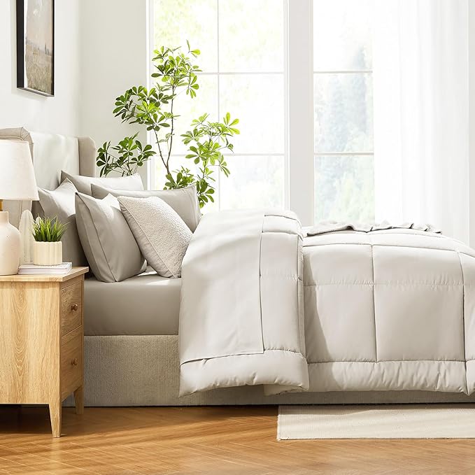 CozyLux Queen Comforter Set Beige, 7 Pieces Bed in a Bag, Beige Comforter Queen Size, All Season Bedding Sets with Stitch Quilted Comforter, Flat Sheet, Fitted Sheet, Pillowcases
