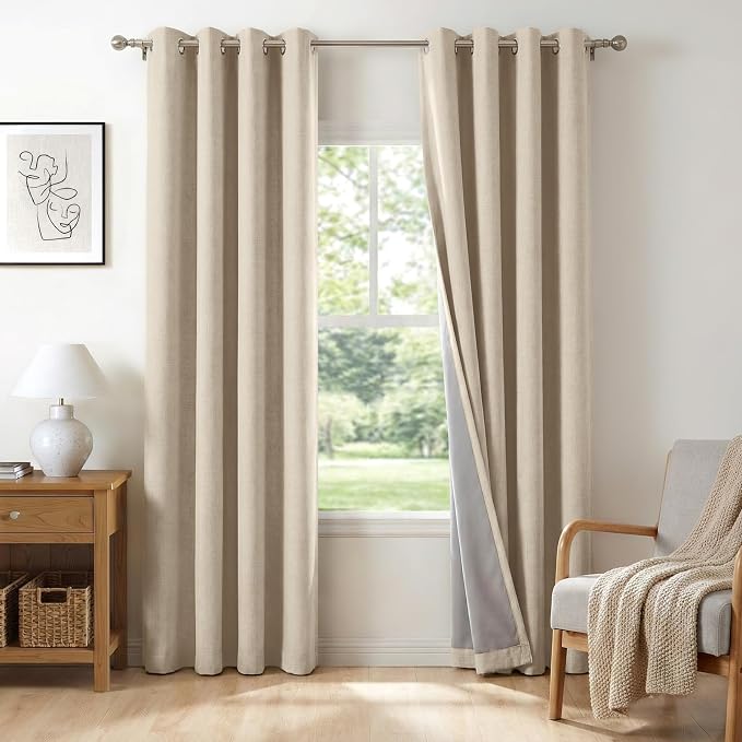 100% Blackout Linen Textured Curtains 96 Inch Long, Natural Flax | 100% by 100BlackoutShield