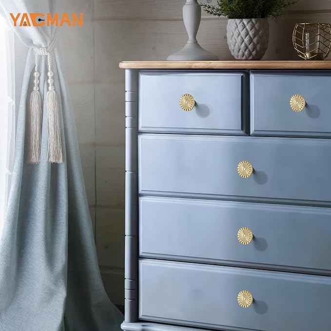 Brushed Gold Cabinet Knobs 6 Pack Round Sunflower Dresser Knob Drawer Hardware Furniture Cupboard Handles for Bathroom Kitchen SH-BG-K6