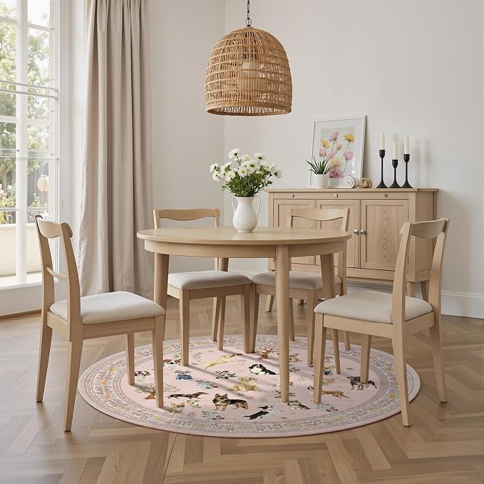 Pink 4Ft Round Dogs Area Rug for Living Room Bedroom | Stain Resistant; Non - Image 3