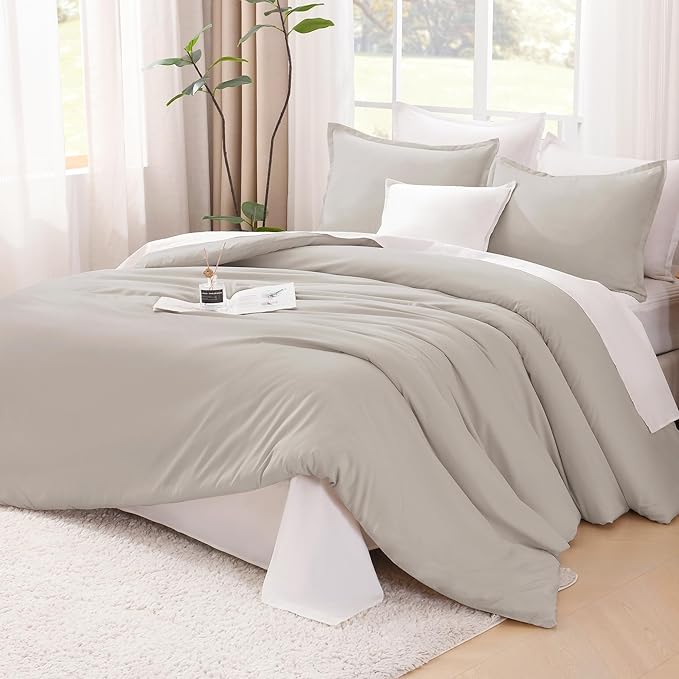 Litanika Linen Grey Comforter Set King Size, 3 Pieces Lightweight Solid Bedding Comforter Set, All Season Fluffy Bed Set (104x90In Comforter & 2 Pillowcases)