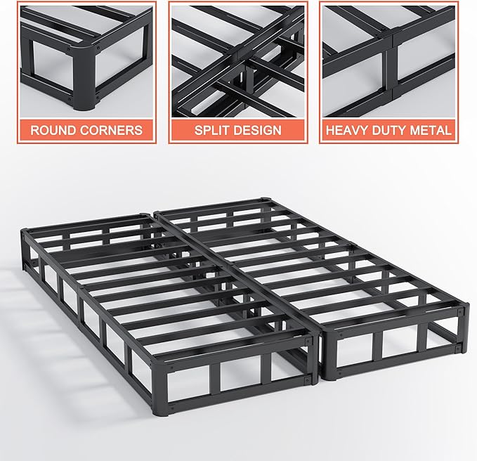Split King Box Spring 7 Inch, Heavy Duty Metal Box Spring King Size with Fabric Cover, Noise-Free, Quick Assembly