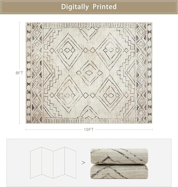 8x10 Washable Area Rugs for Living Room, Dining Room- Morocco Beige | Boho - Image 2