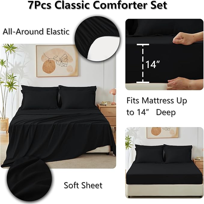 CozyLux California King Comforter Set Black - Cal King Bed in a Bag 7 Pieces, Luxury Soft Bed Set for All Seasons, Bedding Set with Down Alternative Comforter, Sheets, Pillowcases & Shams