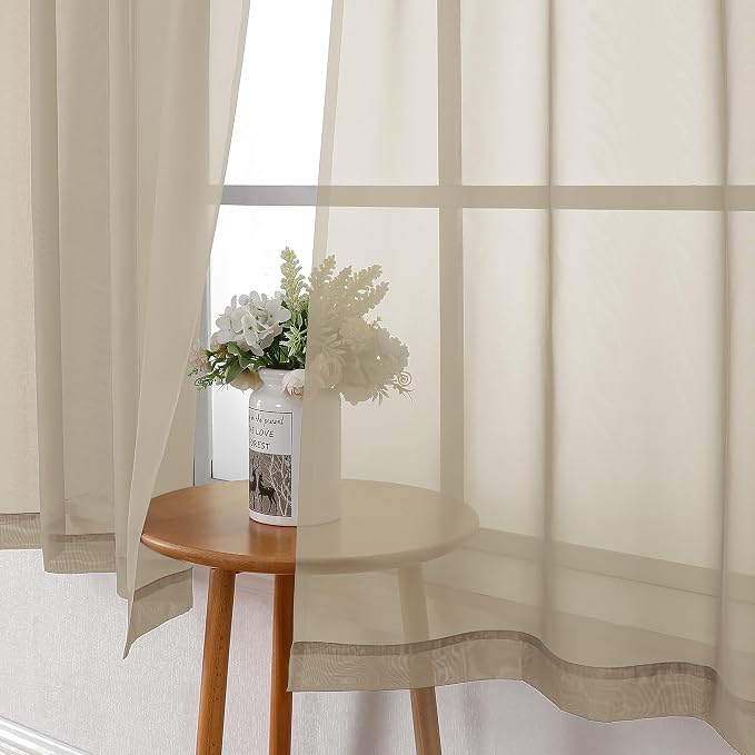 Taupe Sheer Curtains 54 Inch Length 2 Panels Set, Balance Light & Privacy Solid - Image 4