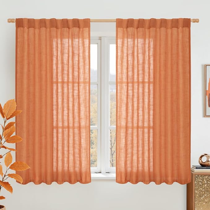 Burnt Orange Linen Curtains 54 Inch Length 2 Panels by LAMIT