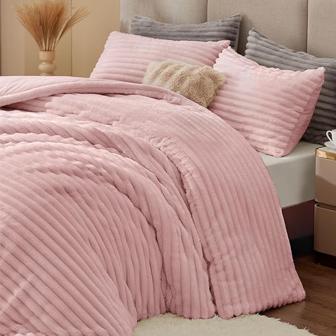 BEDELITE Fleece California King Comforter Set -Super Soft & Warm Fluffy Pink Bedding, Luxury Fuzzy Heavy Bed Set for Winter with 2 Pillow Cases
