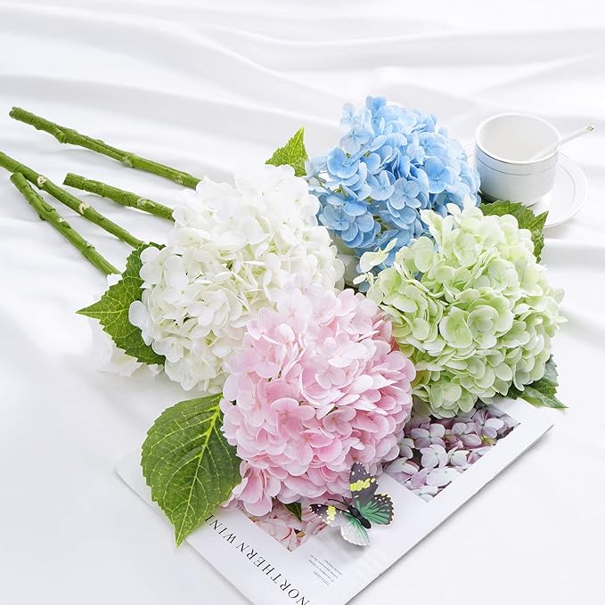 Waipfaru 21" Real Touch Blue Hydrangea Artificial Flowers with Long Stem & Leaves, Full Latex Faux Hydrangea Flowers for Home Decor Party Floral Arrangements Wedding Bouquets Centerpieces, 4Pcs