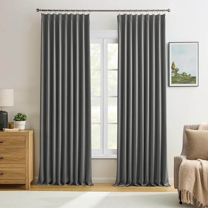 Grey Blackout Curtains 105 Inches Long 2 Panels Set, 60 Inch Wide Pinch Pleated by KEQIAOSUOCAI