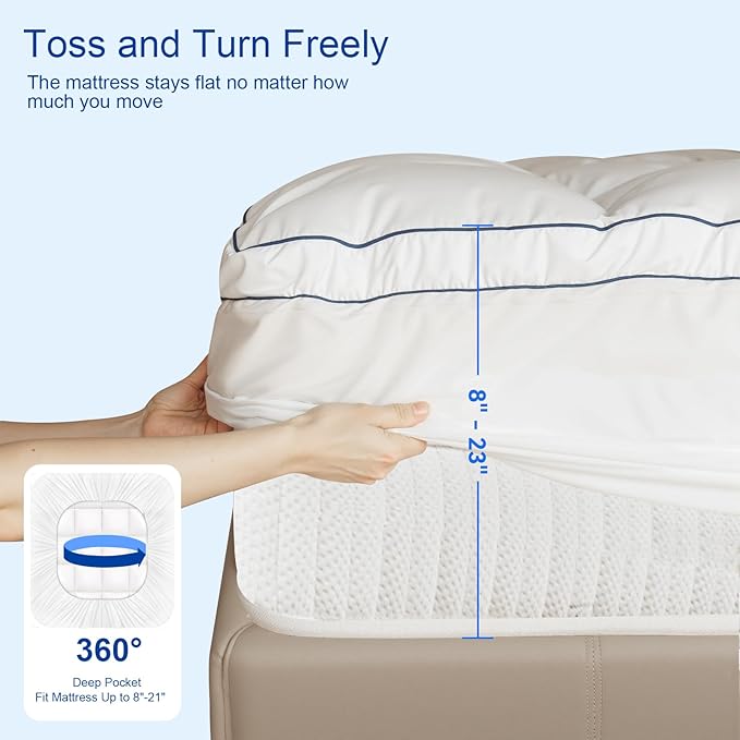 KAYFIA TwinXL Mattress Topper,Extra Thick Mattress Pad Cover for Deep Sleep,3D+7D Snow Down Alternative Fill Overfilled Plush Pillow Top Mattress with 8-23 Inch Deep Pocket-White