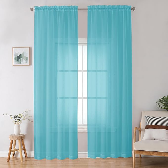 Aqua Sheer Curtains for Bedroom Living Room 96 Inches Long 2 Panels Set by OWENIE
