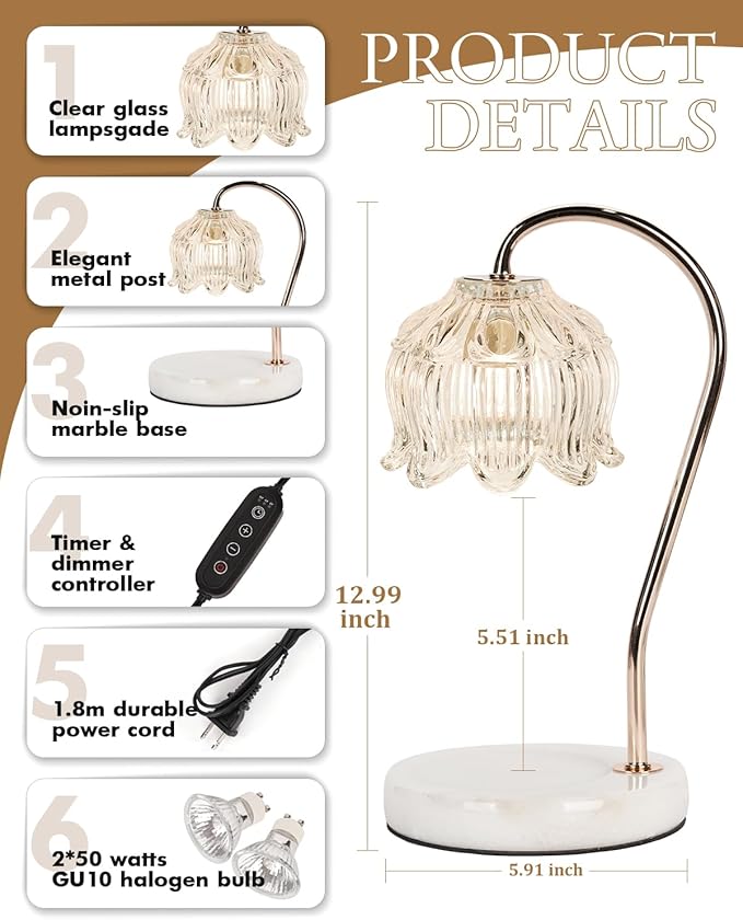 Candle Warmer Lamp with Timer & Dimmable, Adjustable Height Christmas Candle Warming Lamp Gift, Birthday Gifts for Women Mom, House Warming Gifts New Home Marble Base Wax Melt Warmer for Jar Candles