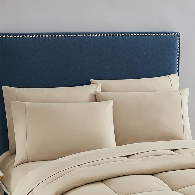 King Size Comforter Set with Sheets - 7-Piece Bedding Collection - 1 Comforter, 1 Fitted Sheet, 1 Flat, 4 Pillowcases - Deep Pocket - Soft & Breathable Premium Quality - Ideal for All Seasons, Taupe