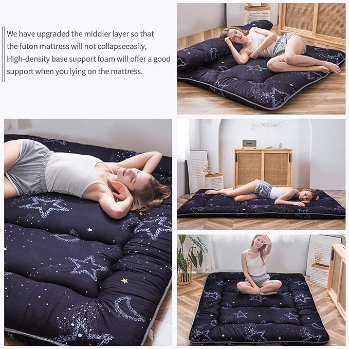 MAXYOYO Japanese Futon Mattress Floor Mattress Sleeping Pad Foldable Bed Roll Up Camping Cushion Floor Lounger Bed Couches and Sofas Couch Topper, Moon and Star, Queen Size