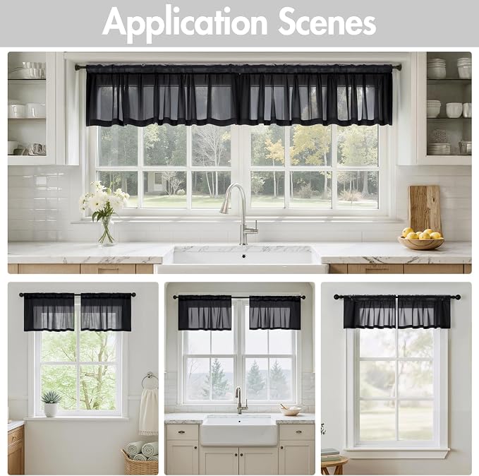 MIULEE 4 Panels Black Small Short Valance Sheer Curtains 42 x 14 Inches | Light - Image 5