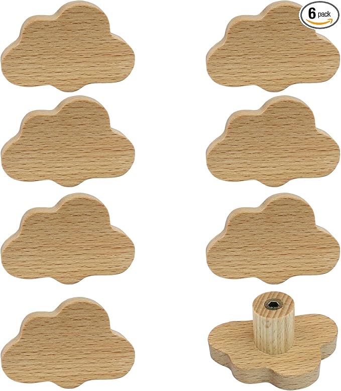 6 Pack Cloud Wooden Knobs, Decorative Wood Dresser Knobs Boho Cabinet Handles, Room Handles for Nursery Decor(Small)