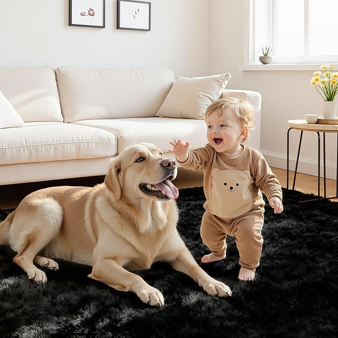 4x6 Fluffy Shag Area Rugs for Living Room Bedroom: Soft Plush Carpet Black | - Image 3