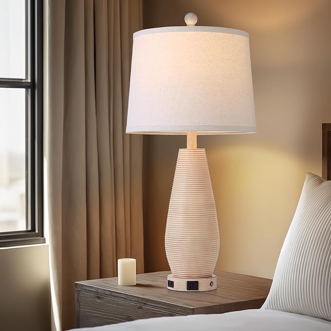 Farmhouse Table Lamps Set of 2 with USB C+A Ports and AC Outlet, 3 Way Touch Rustic Bedside Lamps for Living Room, 26.5" Cream Vintage Lamps for Bedroom Nightstand