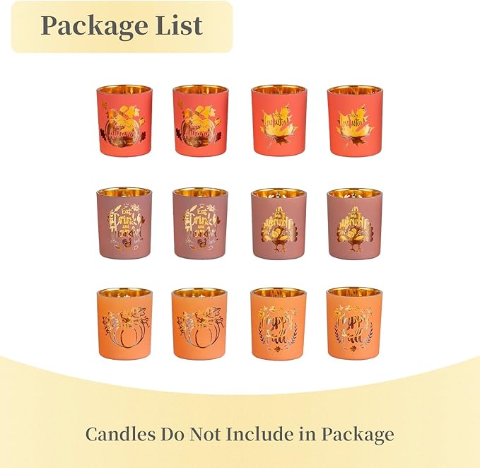 Hewory Thanksgiving Votive Candle Holders: Fall Glass Tea Light Candle Holder Set of 12, Thanksgiving Table Decorations Centerpieces for Dinner Table Fireplace Mantle Fall Decorations for Home Party