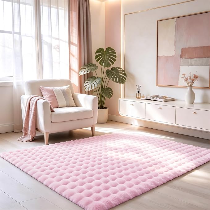 Pink Rabbit Plush Rug 4'x6', Fluffy Shaggy Area Rug - Image 2