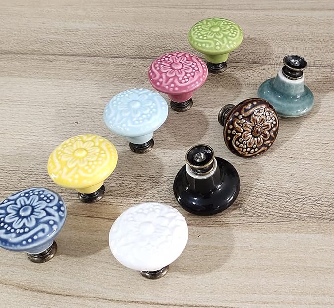 HUAMULAN 15 PCS Cabinet Knobs Glossy Ceramic Dresser Mushroom Table Drawer Cupboard Pull Furniture DIY Wardrobe Solid Color Vintage Handle,with 3 Size Mounting Screws