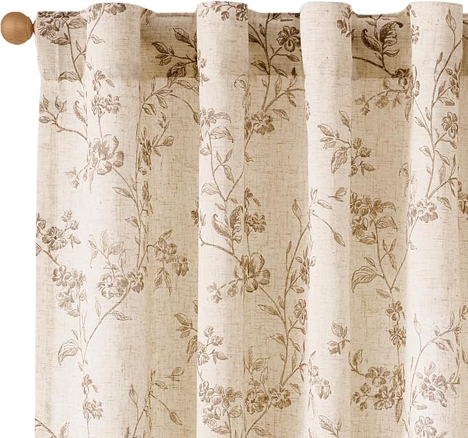 Taupe Vintage Floral Linen Curtains Farmhouse 38W X 84L 2 Panels | Elisa Series by Lazzzy