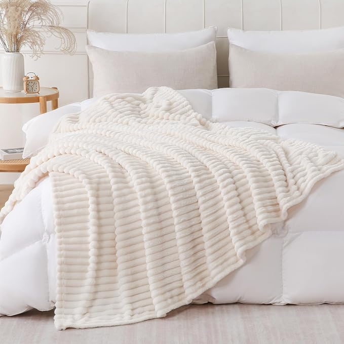 Cream White Throw Blanket for Couch Sofa 50x70 inches Striped Design | Fleece - Image 4