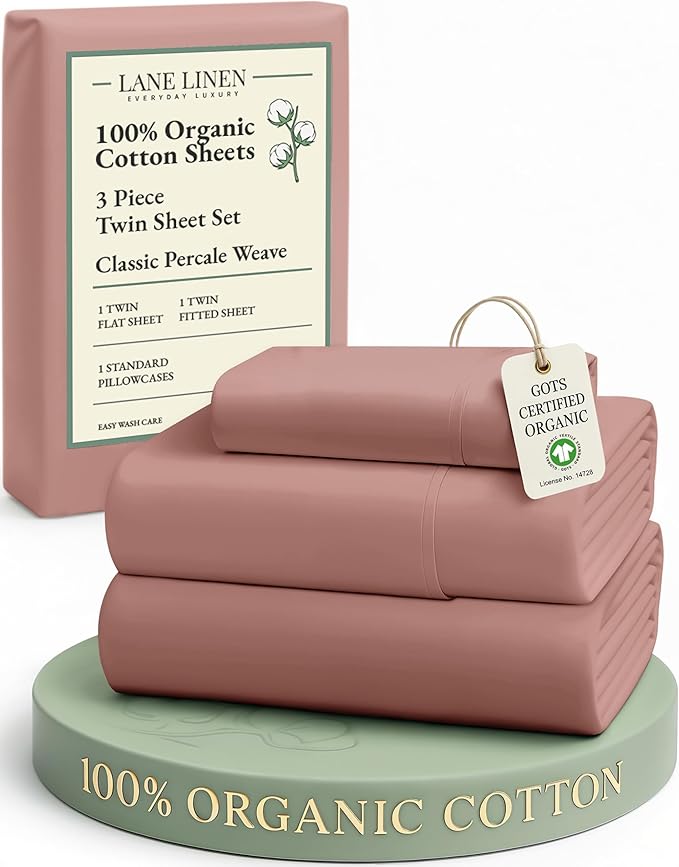 LANE LINEN 100% Organic Cotton Twin Sheet Set, Soft & Comfy Premium Bedding Sheets & Pillowcases, Luxury Hotel Like Percale Sheets, Reinforsed French Seam in Fitted Sheets Pocket - Rose Dawn