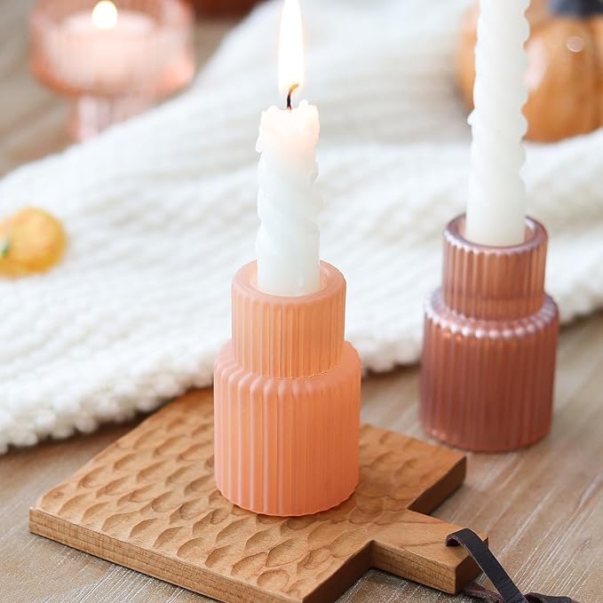 Pink Candlestick Holders 6PCS for Tealight Candle Stick Candles, Ribbed Glass Taper Candle Holders Set, Table Centerpieces for Weddings Christmas Home Decor Indoor and Outdoor